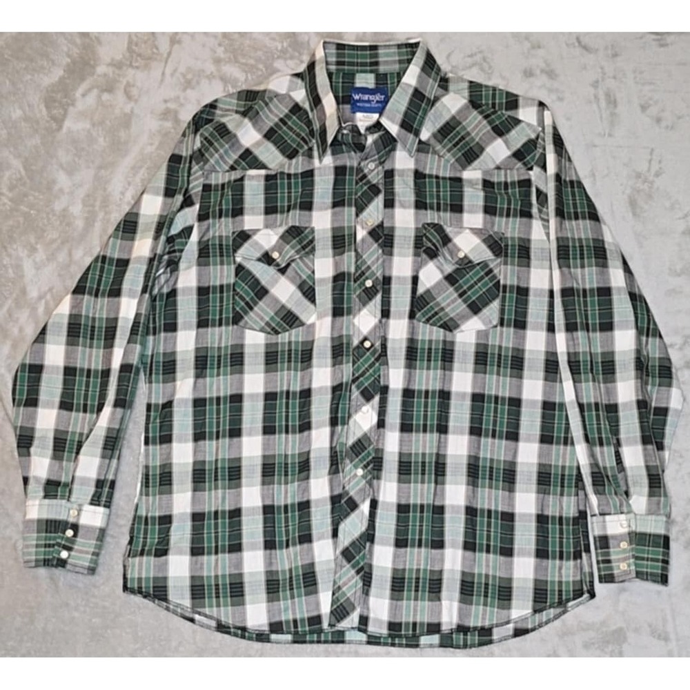 Wrangler Shirt Mens XL Rodeo Western Pearl Snap Cowboy Green Plaid Ranch Relaxed